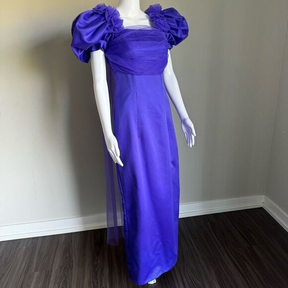 Vintage 90’s Satin Puff Sleeve Toile Purple Evening Gown With Back Slit - Picture 2 of 7